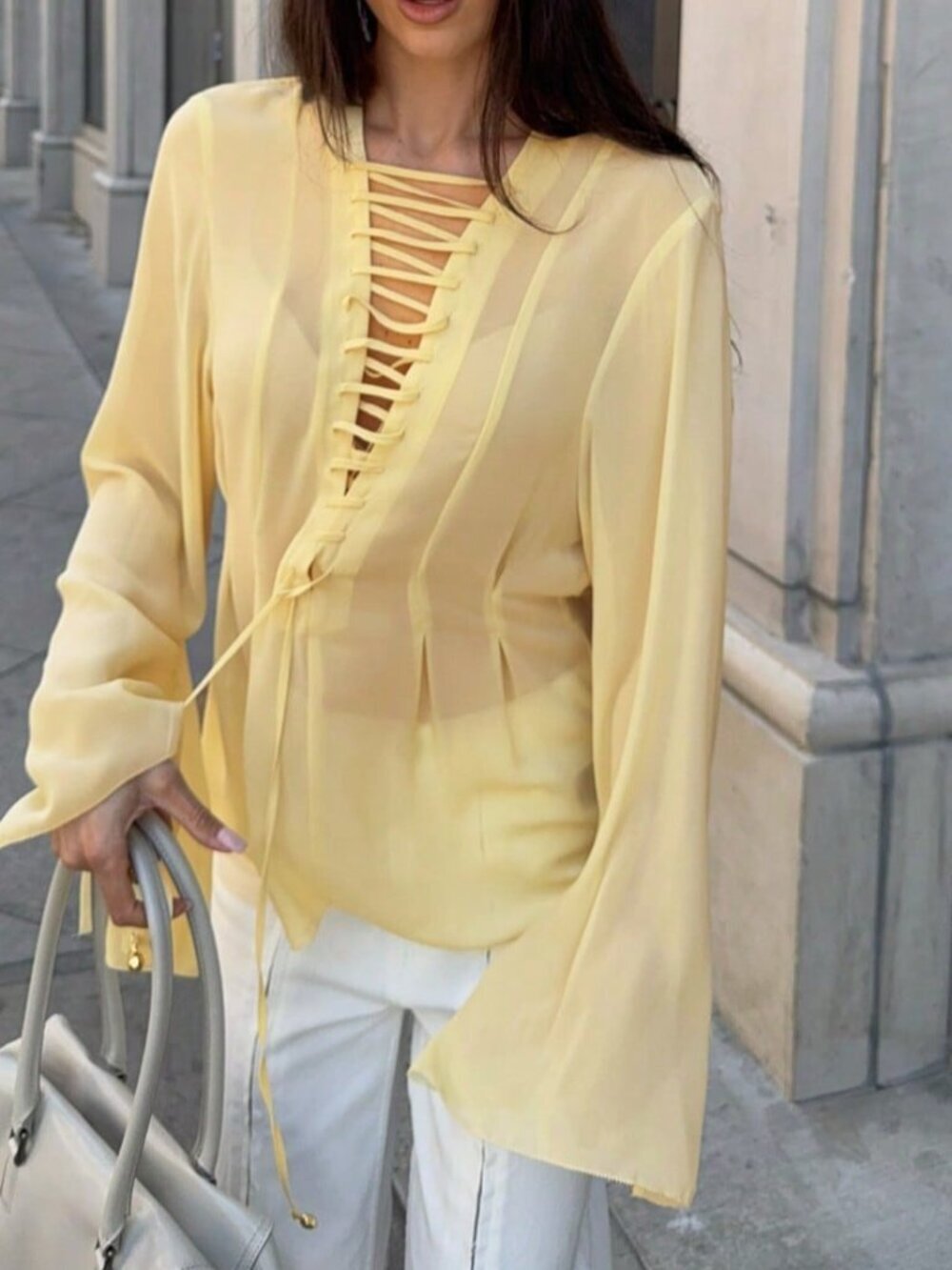 Yellow Casual Women's Classic Tie-Collar Long Sleeve Shirt
